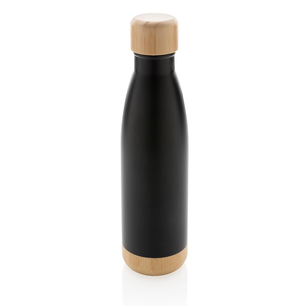 Double Wall Stainless Bottle with Bamboo Lid and Base - Black