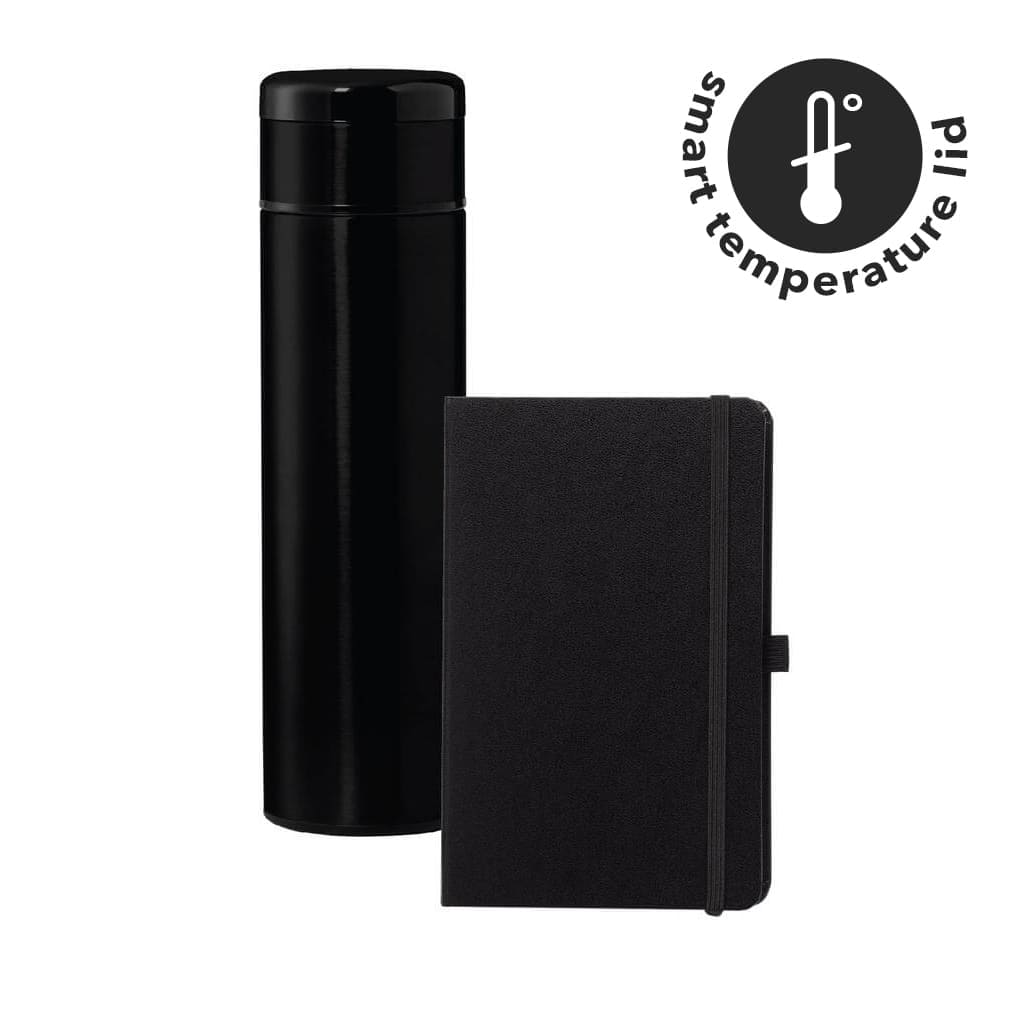 Vacuum Flask with Temperature Lid and Notebook Gift Set - Black