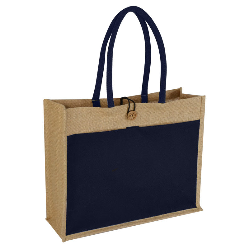 Jute Bag with Canvas Pocket - Blue