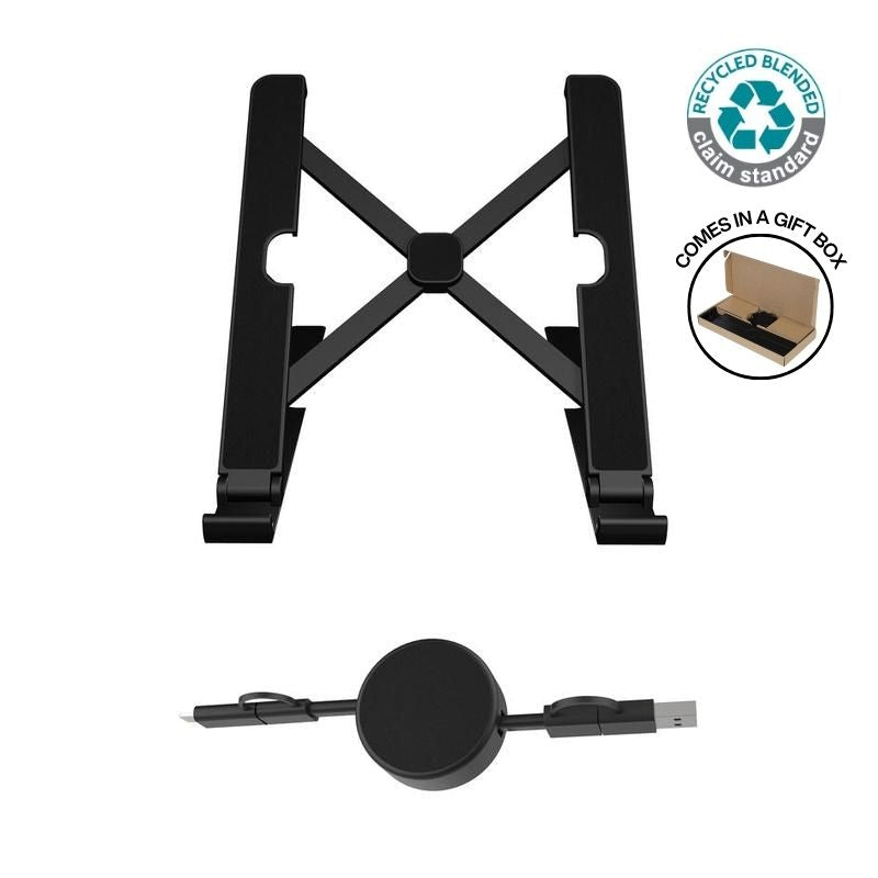Set of Recycled Laptop Stand and retractable cable - Black