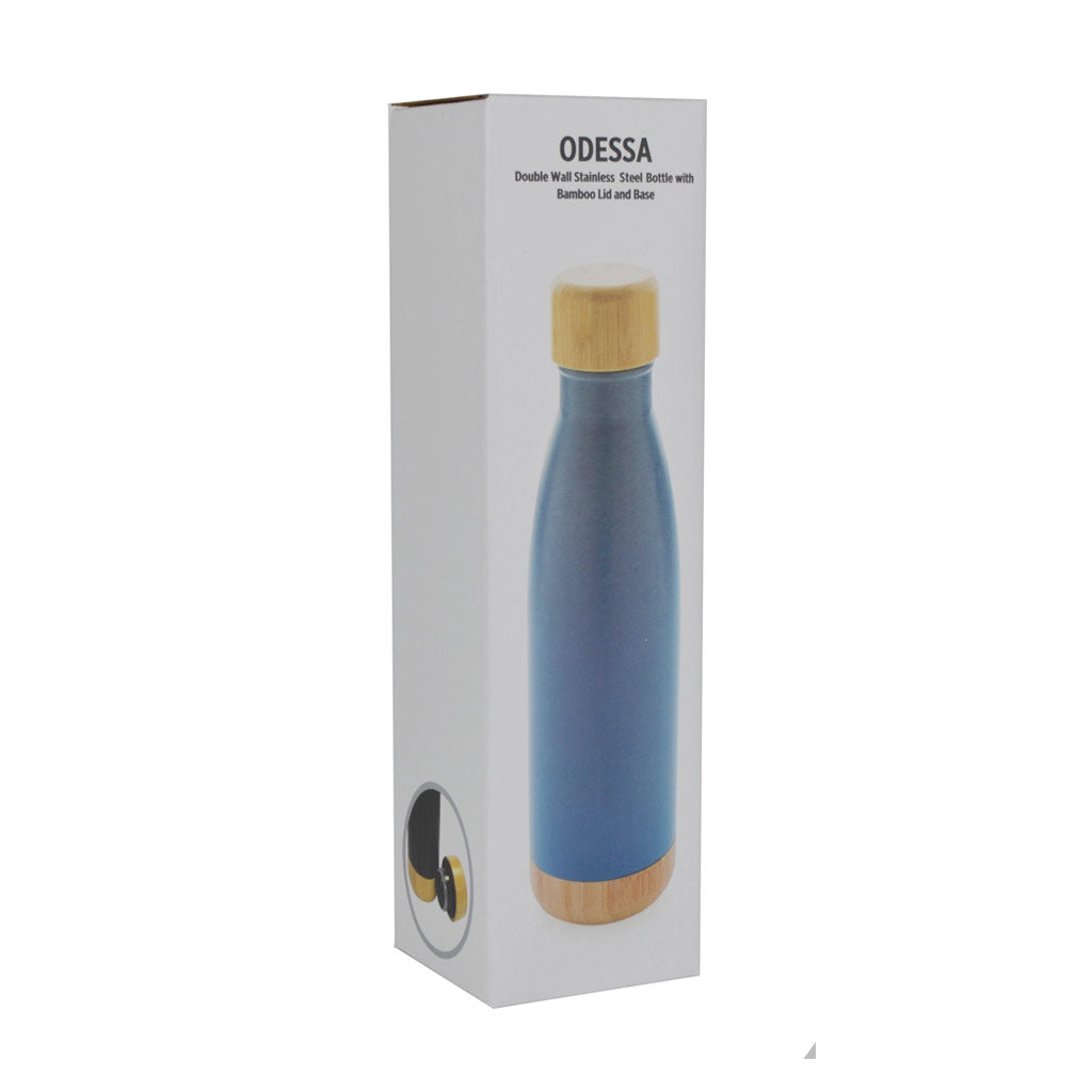 Double Wall Stainless Bottle with Bamboo Lid and Base - Blue