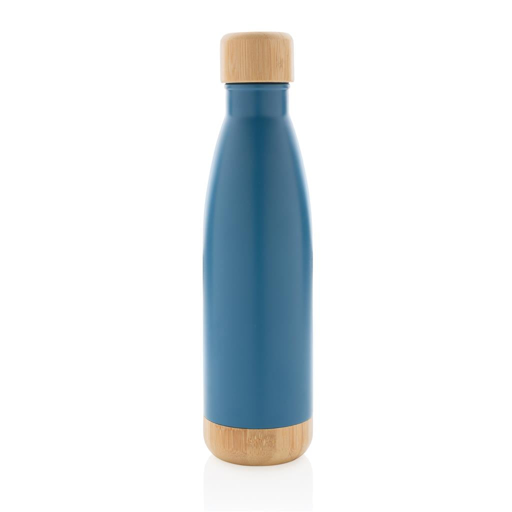 Double Wall Stainless Bottle with Bamboo Lid and Base - Blue