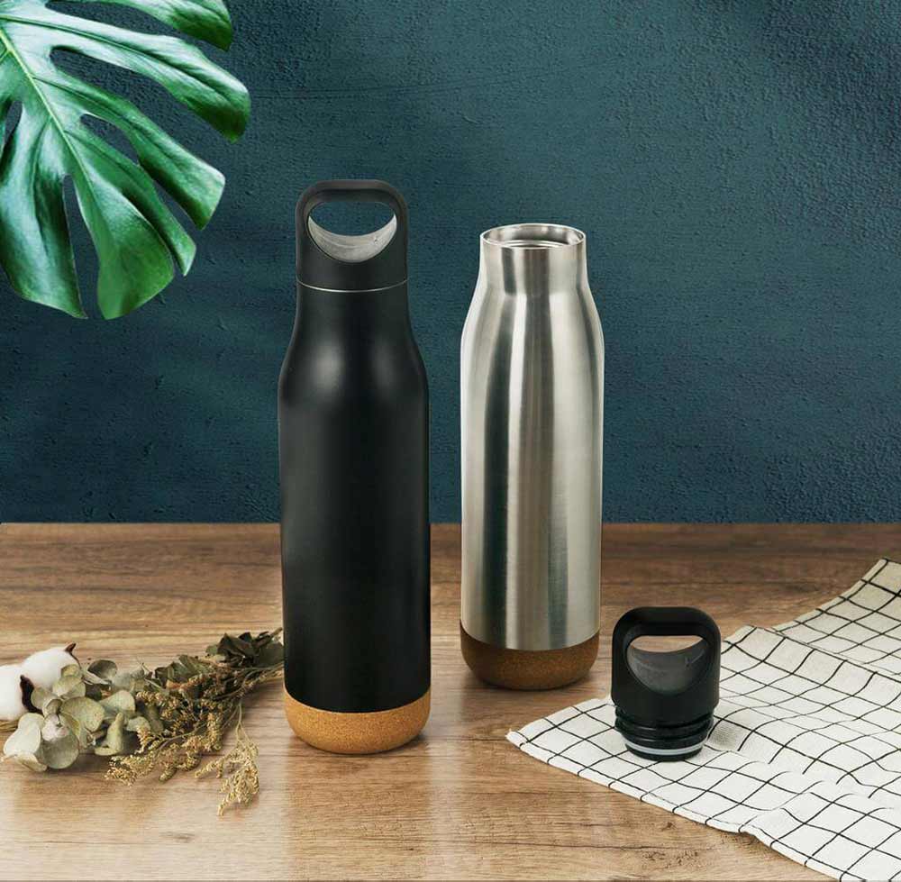 Insulated Water Bottle with Cork Base - Steel