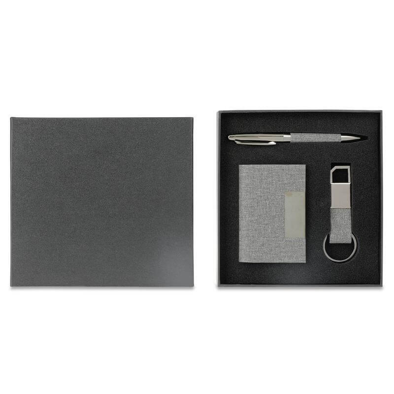 Card Holder, Key Chain and Pen Gift Set - Grey